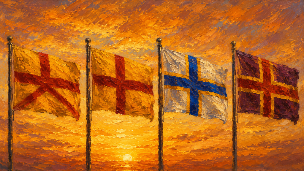 The flags of the Empire of Austenasia, the Angle-Saxish Commonwealth, the Empire of Hortania and the Confederation of Mahuset.